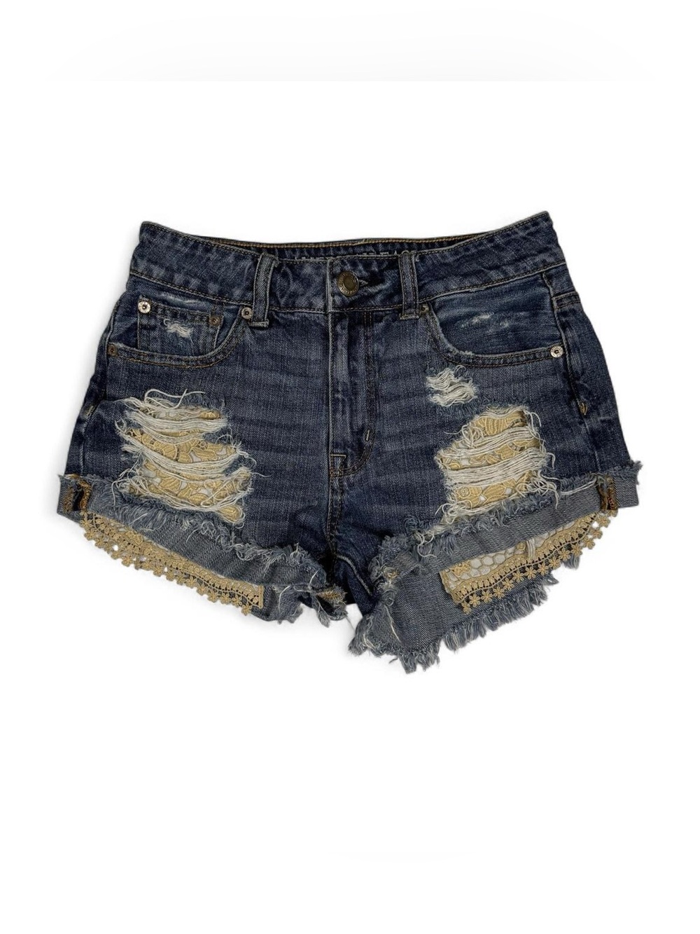 Y2K American Eagle Lace Pocket Distressed Denim Shorts Women’s Size 0